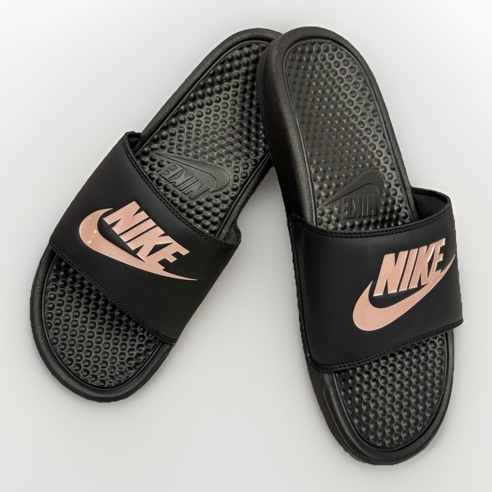 Nike Benassi JDI Black Rose Gold Slides Sandals 343881-007 Womens Size 10